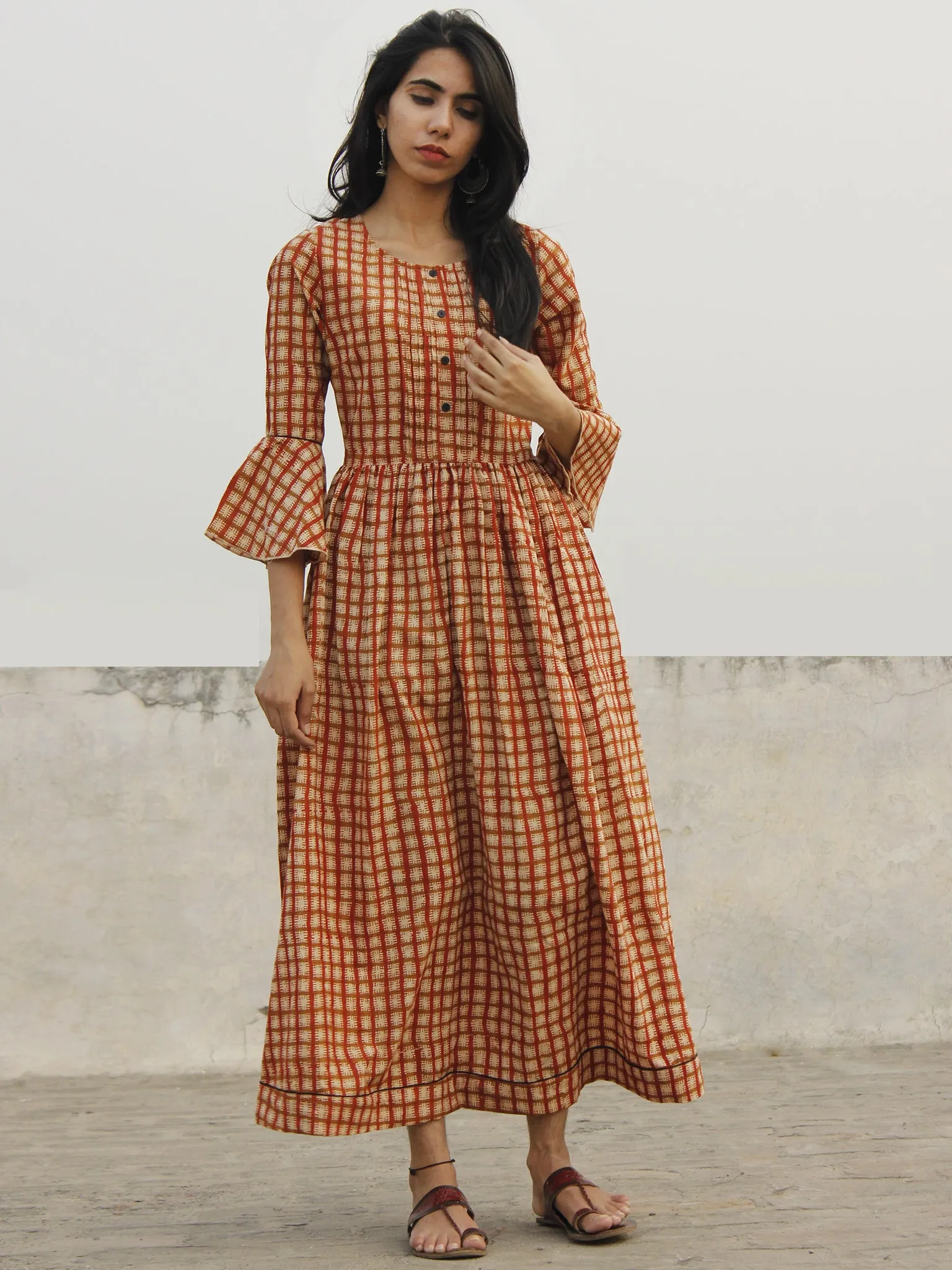 Brick Red Ivory Brown Hand Block Long Cotton Dress With Bell Sleeves  - D151F1094