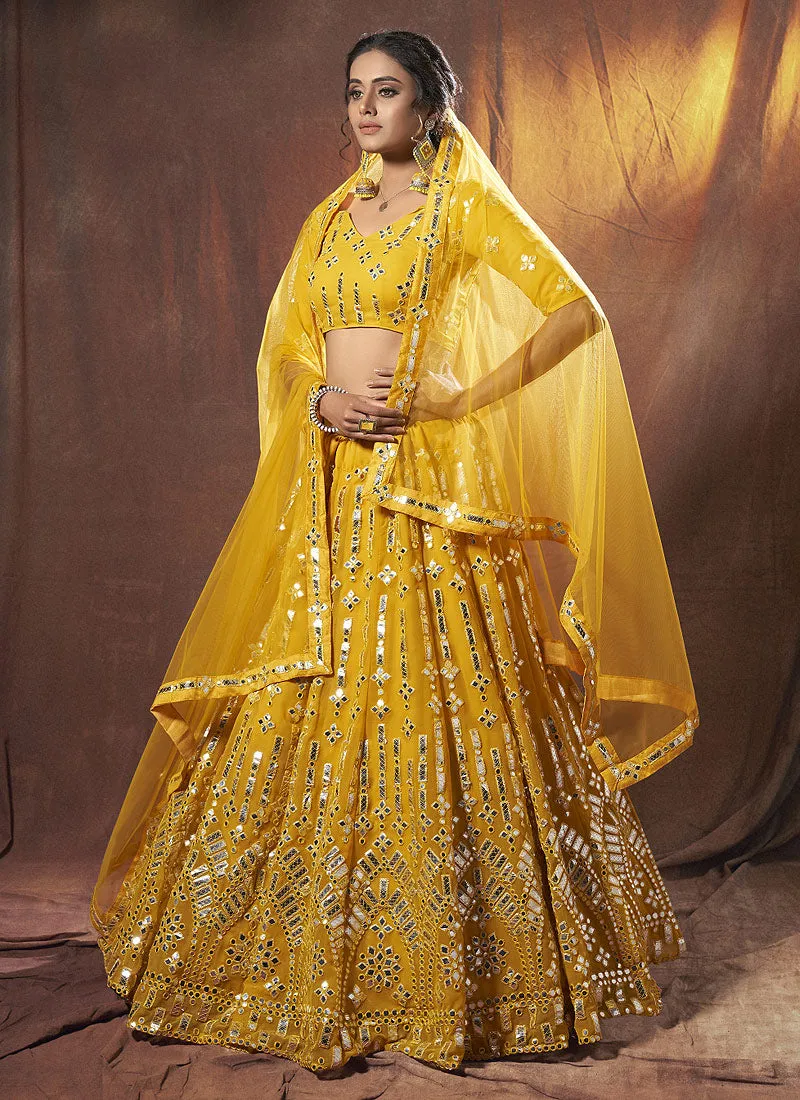 Bright Yellow Mirror Embroidered Lehenga Choli