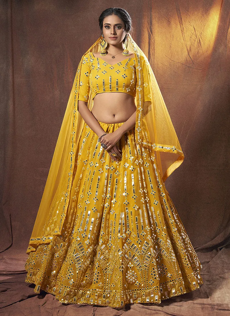 Bright Yellow Mirror Embroidered Lehenga Choli