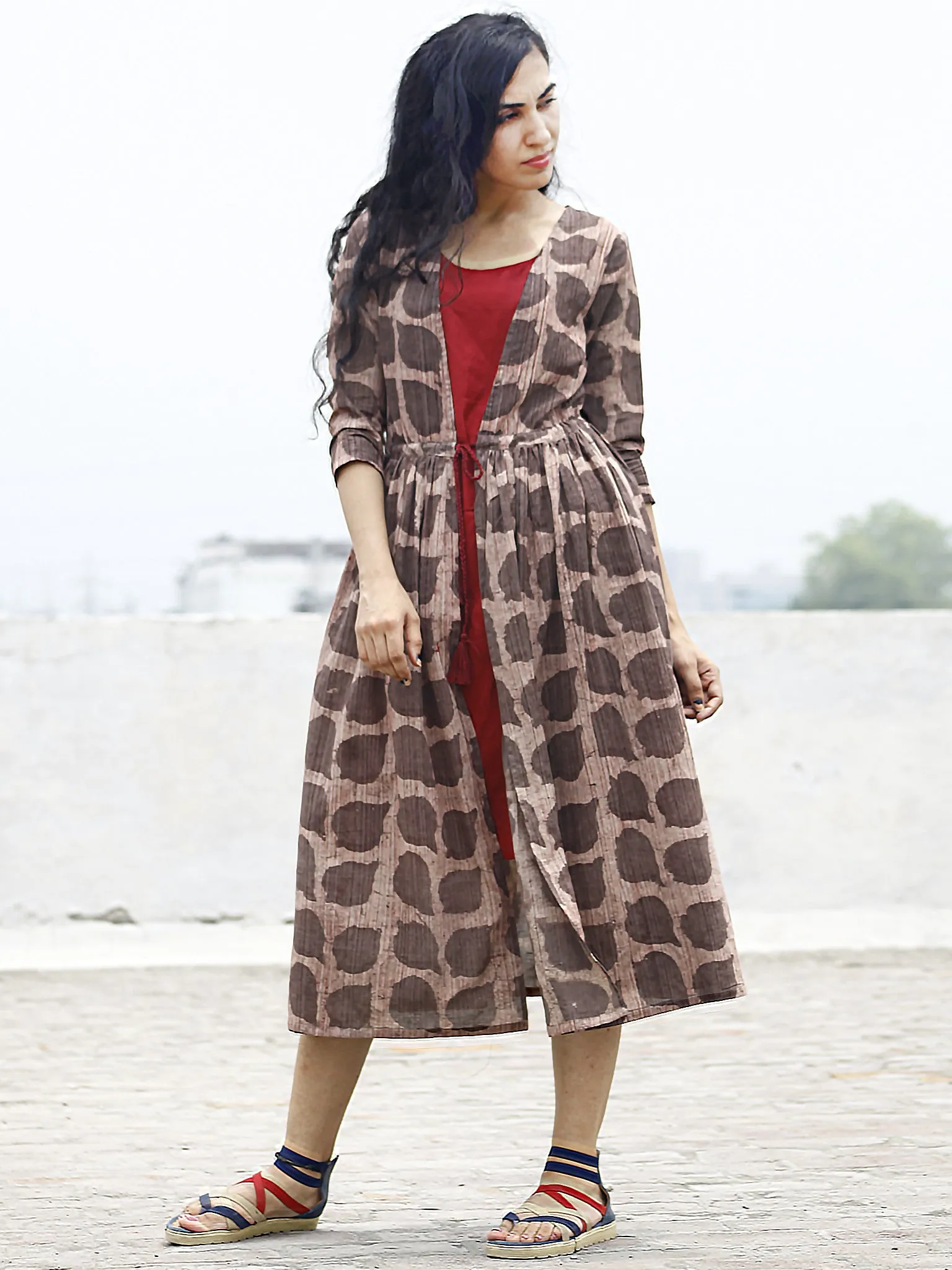 Brown Beige Maroon Hand Block Cotton Dress With TiE-Up Waist And Tassel Details -  D85F777