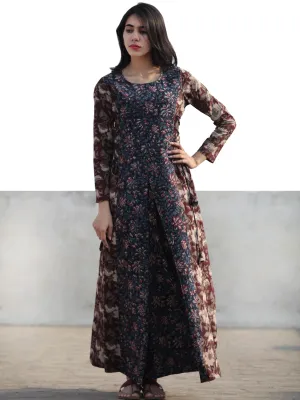 Brown Black Indigo Rust Ivory Hand Block Printed Cotton Dress With Tie Up Detail At Waist  -  D176F1136