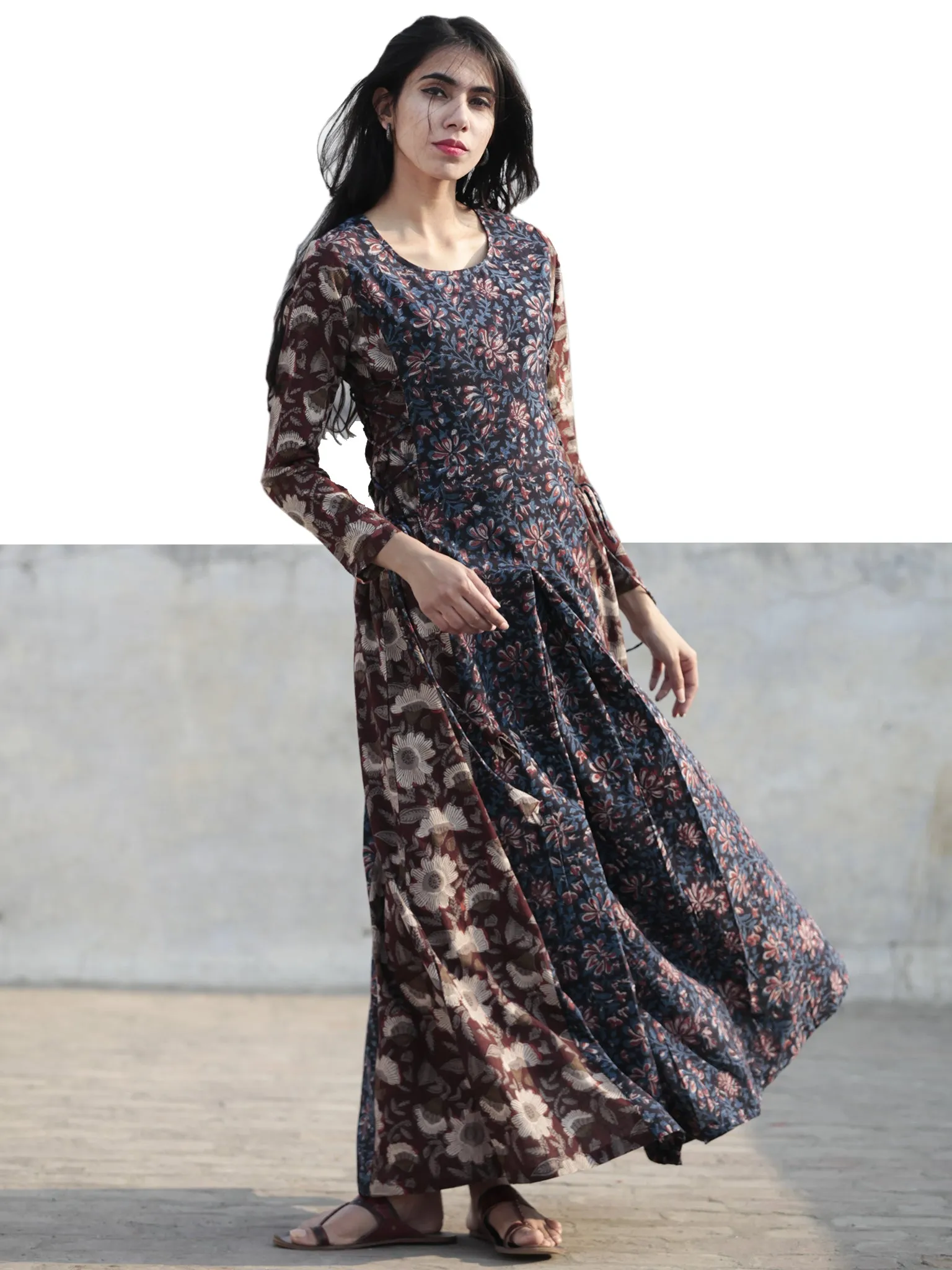 Brown Black Indigo Rust Ivory Hand Block Printed Cotton Dress With Tie Up Detail At Waist  -  D176F1136