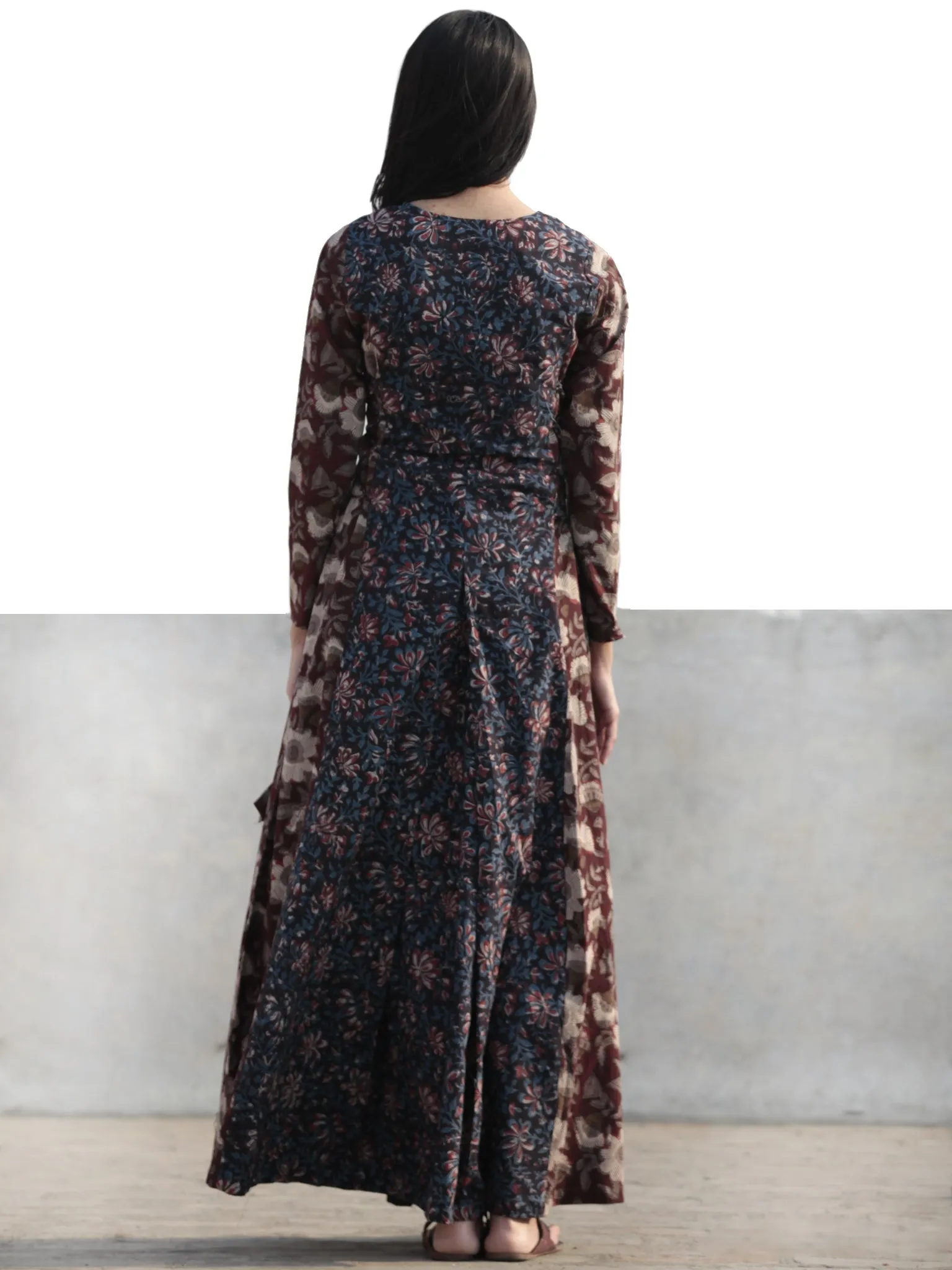 Brown Black Indigo Rust Ivory Hand Block Printed Cotton Dress With Tie Up Detail At Waist  -  D176F1136