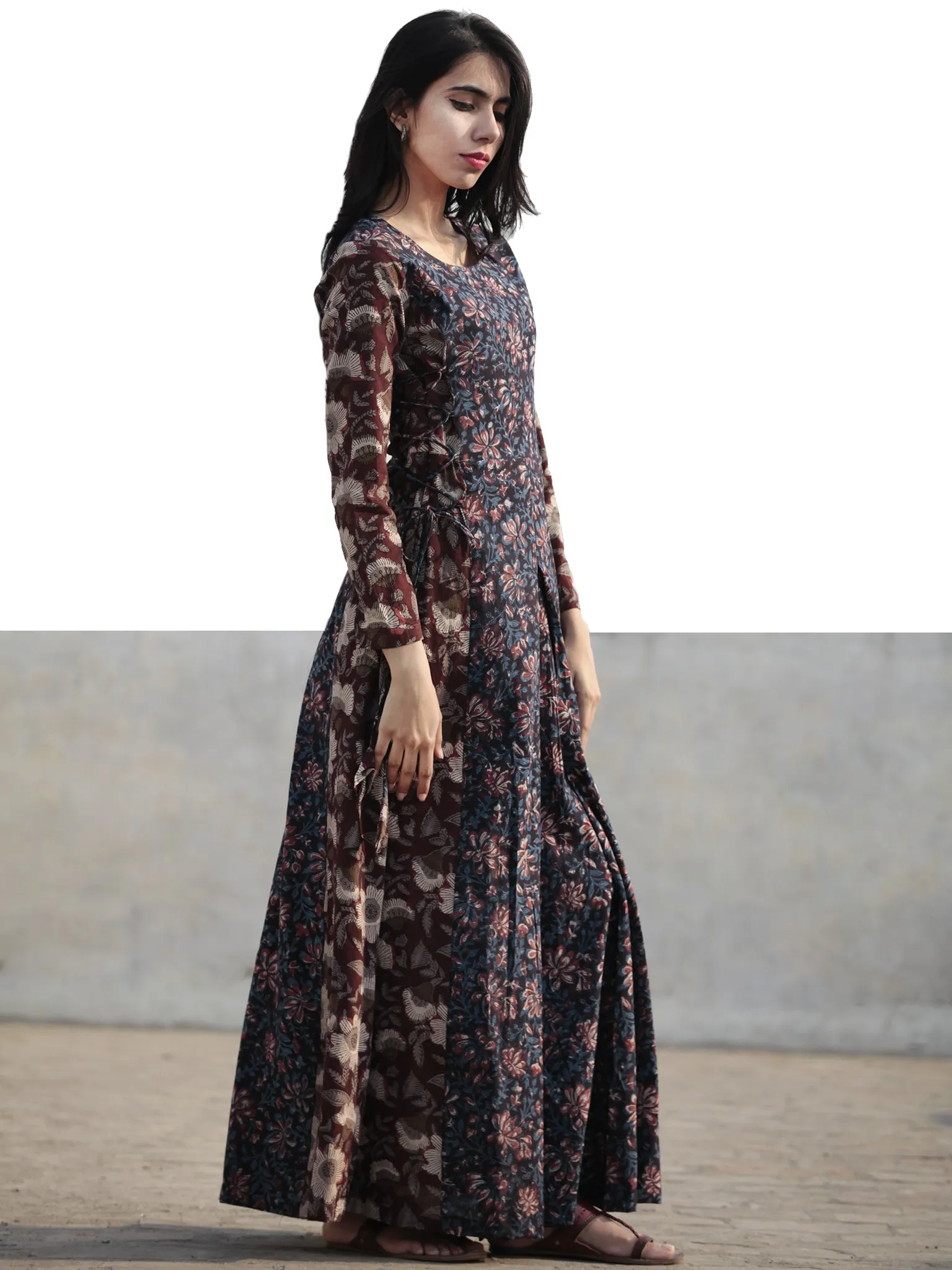 Brown Black Indigo Rust Ivory Hand Block Printed Cotton Dress With Tie Up Detail At Waist  -  D176F1136