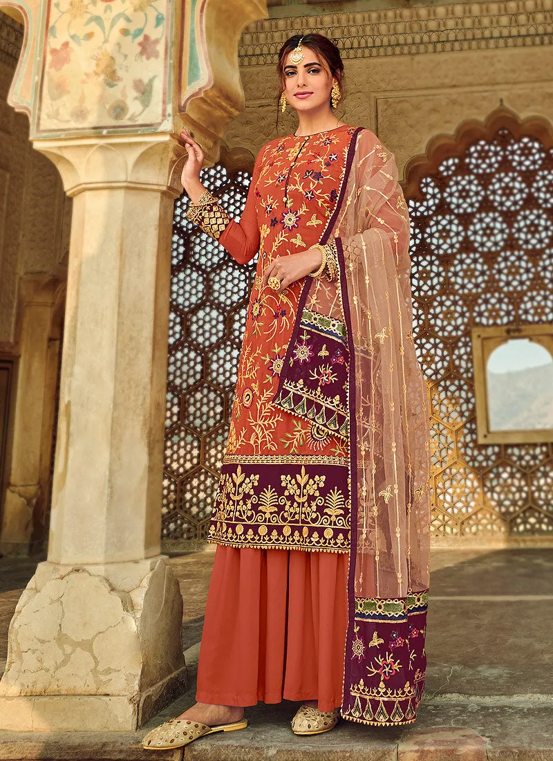 Burnt Orange Embroidered Palazzo Suit