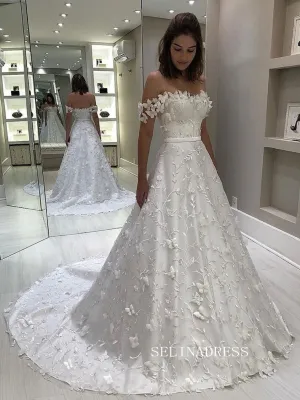 Chic A-line Off-the-shoulder 3D Floral Lace Wedding Dress Satin Rustic Bridal Gowns JKW207