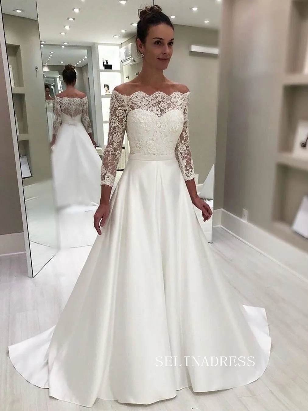 Chic A-line Off-the-shoulder Long Sleeve Wedding Dress Rustic Lace Bridal Gowns JKW208