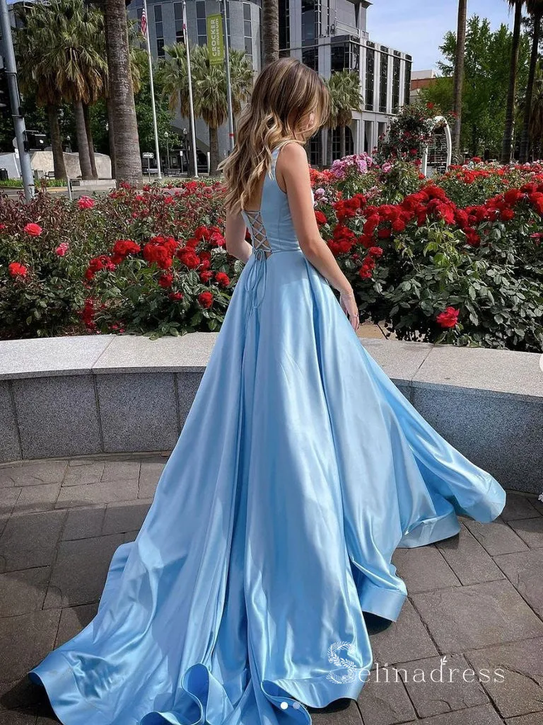 Chic A-line Scoop Sky Blue Long Prom Dresses Cheap Evening Dress CBD526