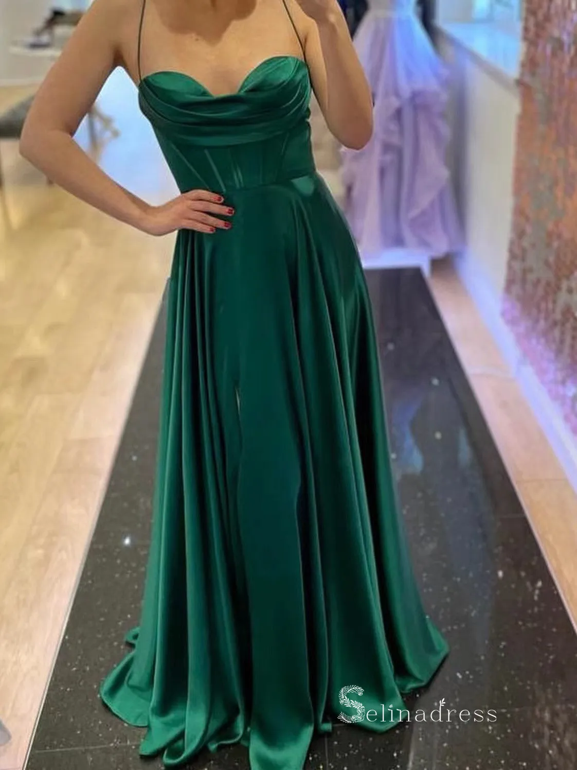 Chic A-line Spaghetti Straps Green Long Prom Dresses Simple Evening Dress MLK027