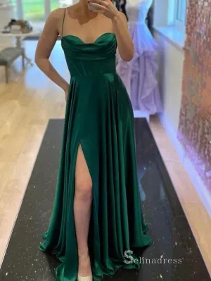 Chic A-line Spaghetti Straps Green Long Prom Dresses Simple Evening Dress MLK027