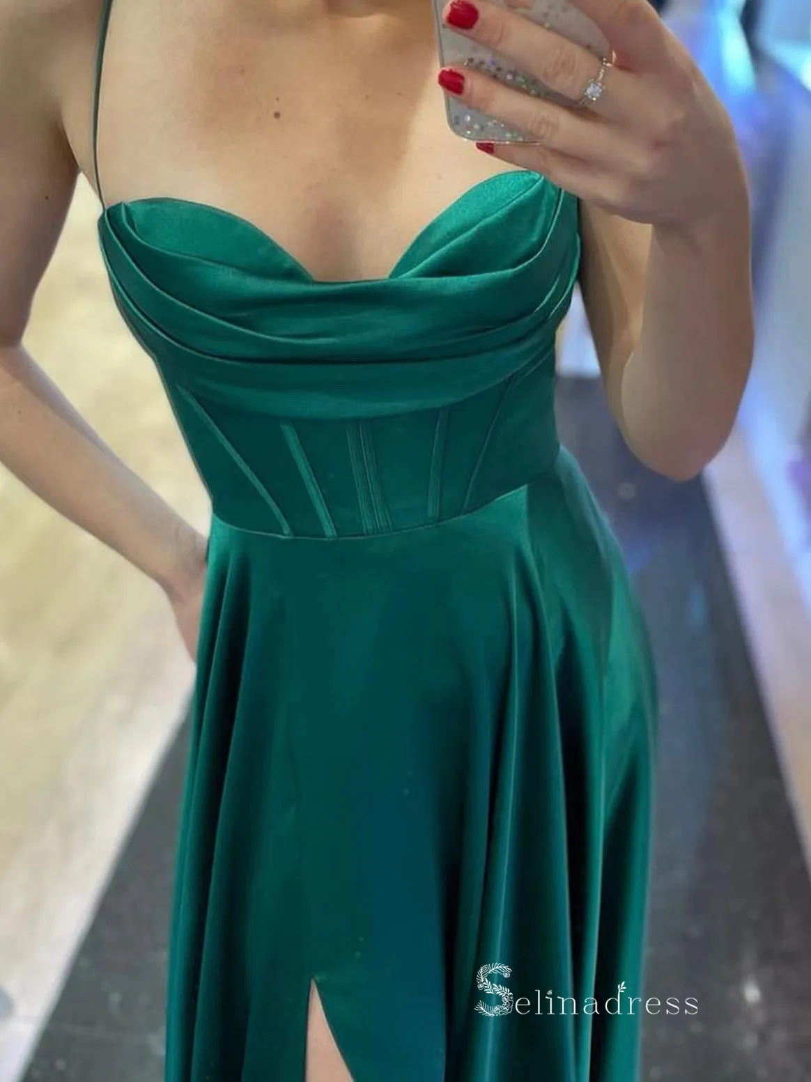 Chic A-line Spaghetti Straps Green Long Prom Dresses Simple Evening Dress MLK027