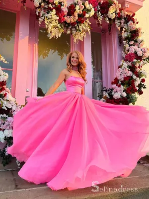 Chic A-line Strapless Fuchsia Long Prom Dresses Cheap Evening Dresses MLH2003