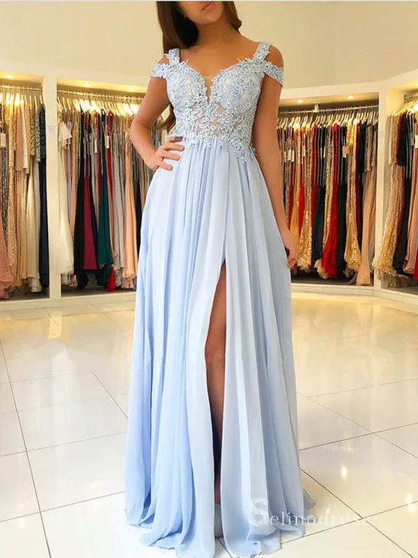 Chic A-line Straps Light Sky Blue Long Prom Dresses Lace Evening Gowns MHL2867