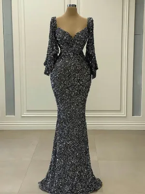 Chic Mermaid Black Long Sleeve Prom Dresses Glitter Sequins Evening Dresses SEW0185