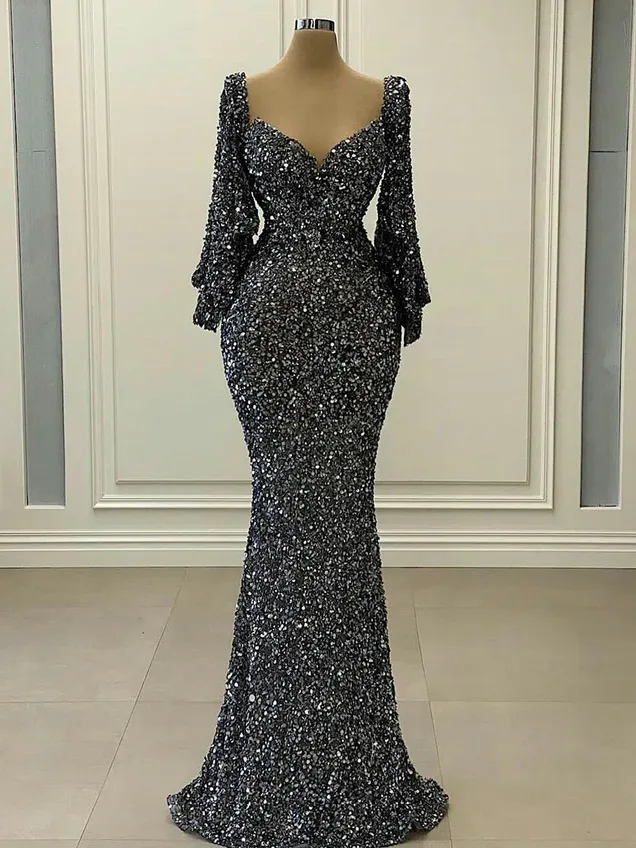 Chic Mermaid Black Long Sleeve Prom Dresses Glitter Sequins Evening Dresses SEW0185