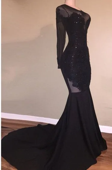 Chic Mermaid Black Long-Sleeves Backless Appliques Prom Party Gowns