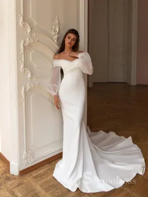 Chic Mermaid Off-the-shoulder Long Sleeve White Wedding Dresses Cheap Bridal Gowns CBD420