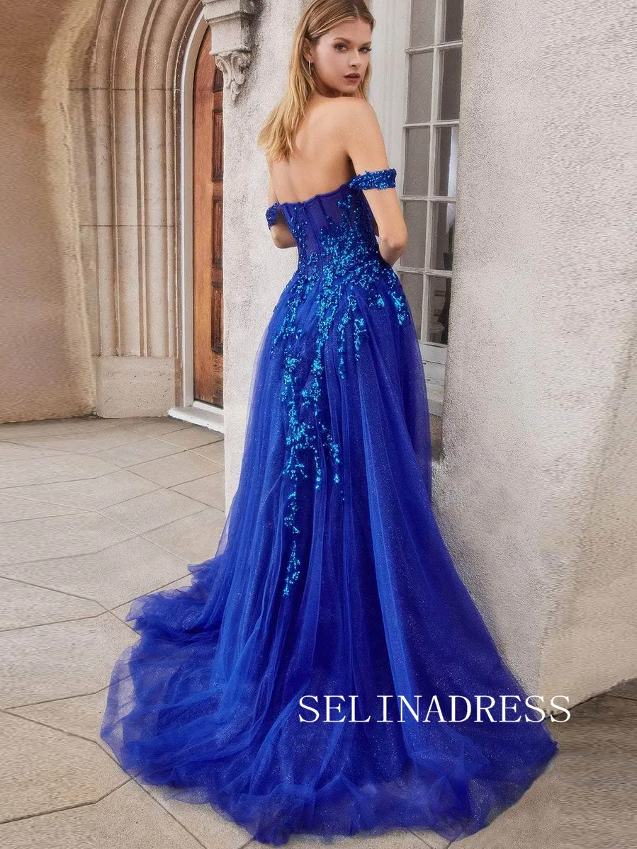 Chic Off-the-shoulder Beaded Long Prom Dresses Modest Royal Blue Formal Dresses TKH021