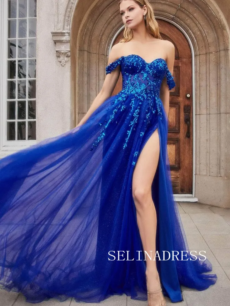 Chic Off-the-shoulder Beaded Long Prom Dresses Modest Royal Blue Formal Dresses TKH021