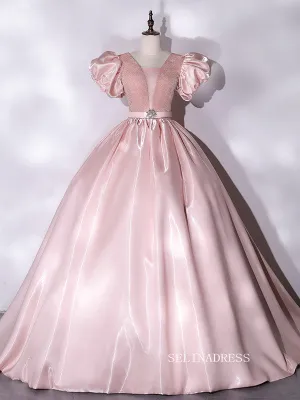 Chic Puff Sleeve Pink Prom Dress Cute Princess Dress Evening Dress #QWE049