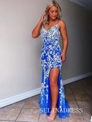 Chic Spaghetti Straps Mermaid Blue Lace Applique Prom Dresses Evening Dress JKL3007