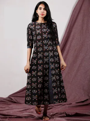 Coffee Brown Rust Beige Hand Block Printed Long Cotton Dress With Side Pleat- D187F1327