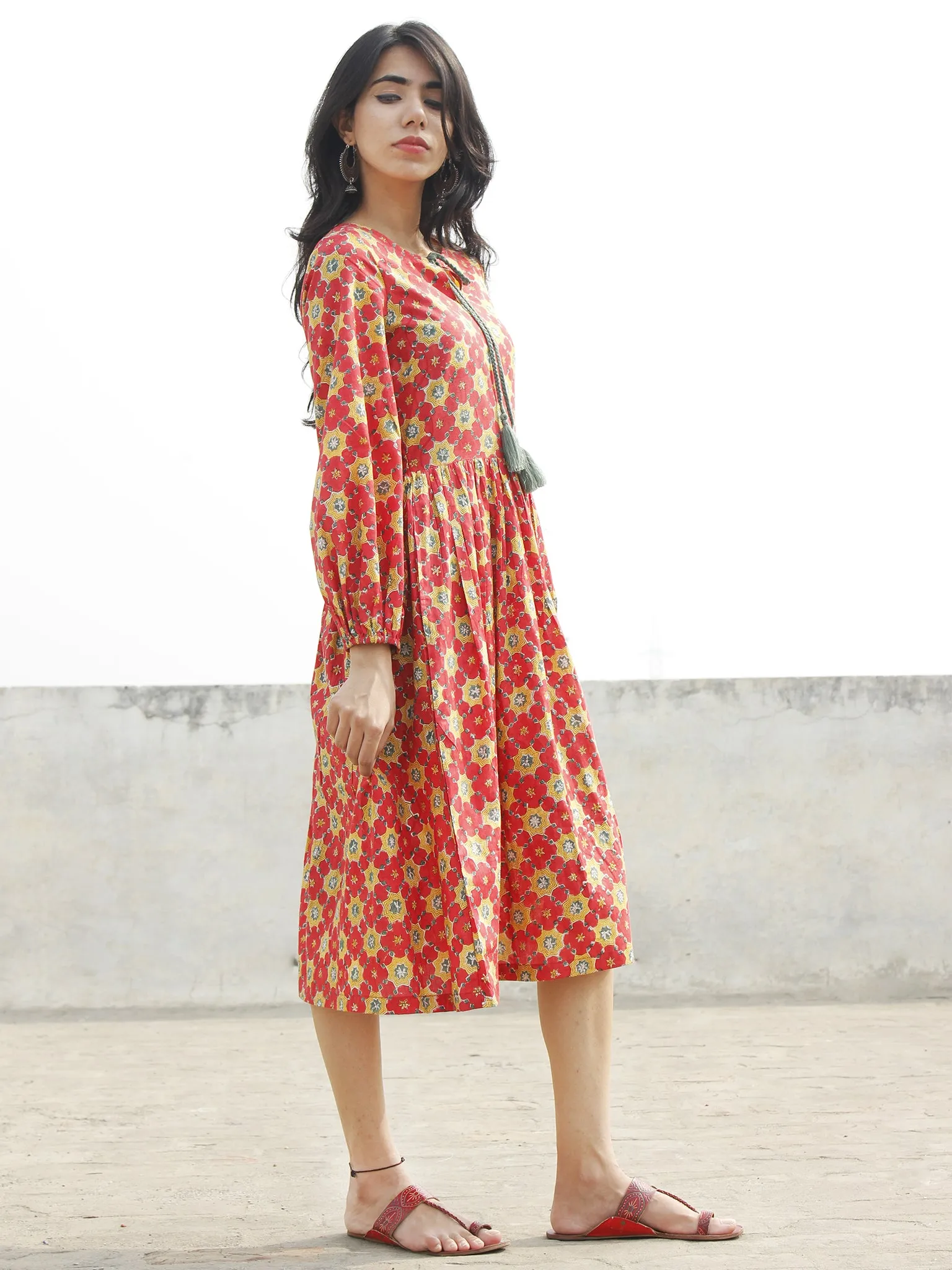 Coral Red Mustard Olive Green Black Hand Block Printed Cotton Dress with Peasant Sleeves    - D164F1092