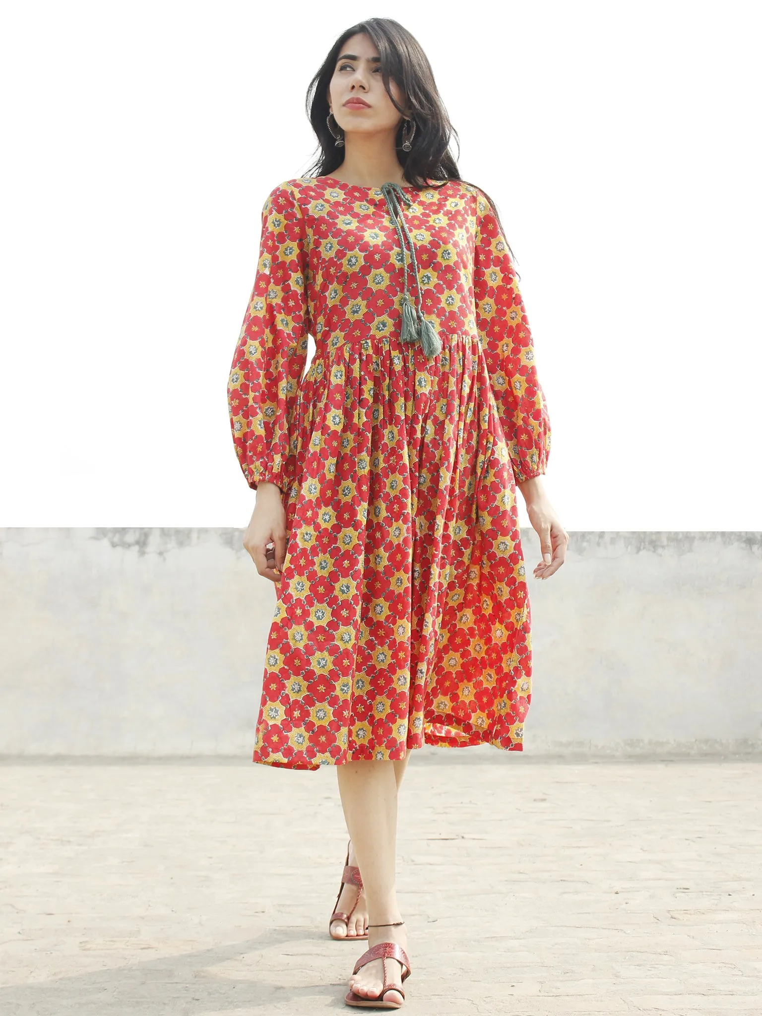 Coral Red Mustard Olive Green Black Hand Block Printed Cotton Dress with Peasant Sleeves    - D164F1092