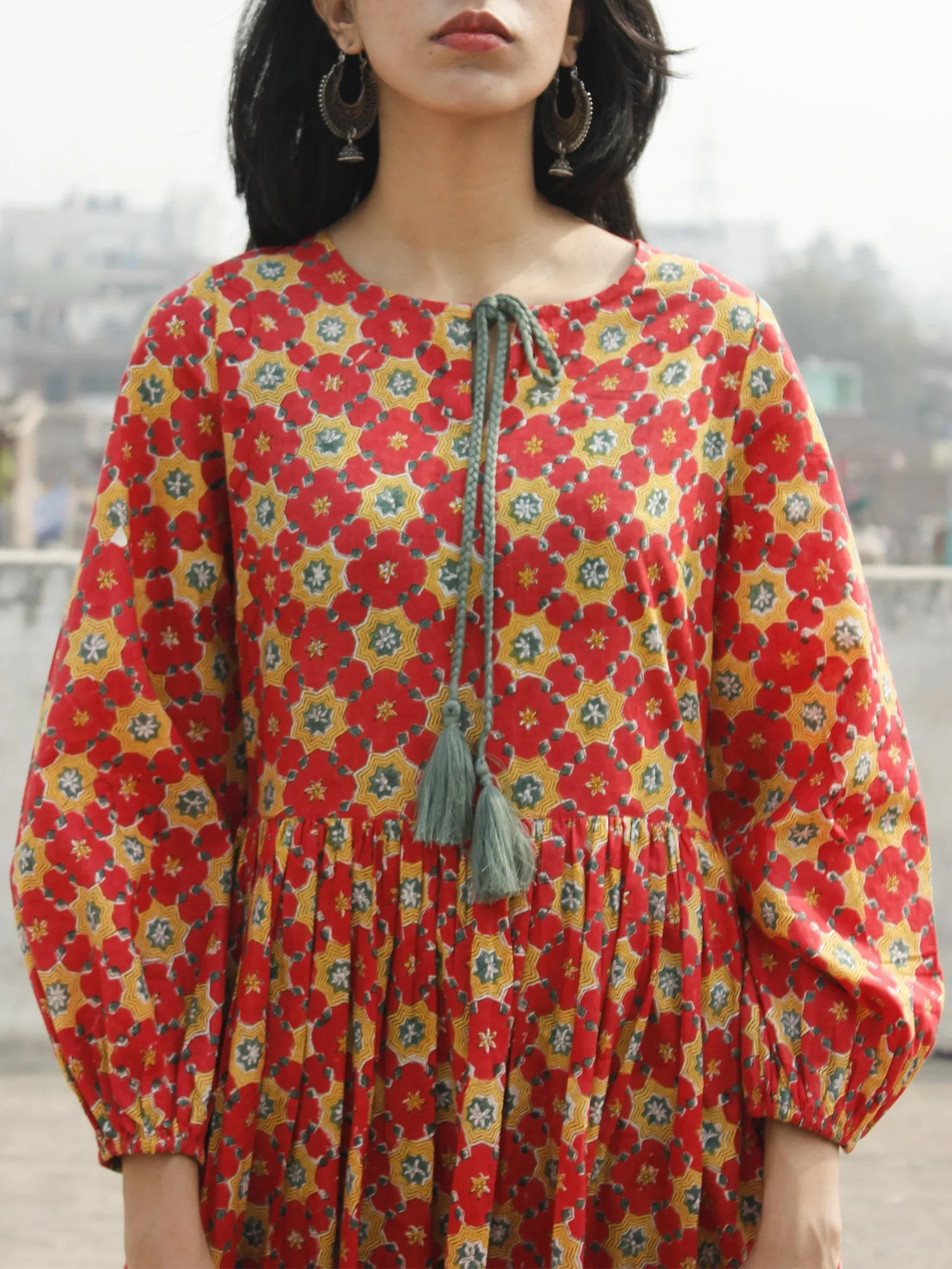 Coral Red Mustard Olive Green Black Hand Block Printed Cotton Dress with Peasant Sleeves    - D164F1092