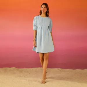 Cotton Linen Short Dress for Women | Blue