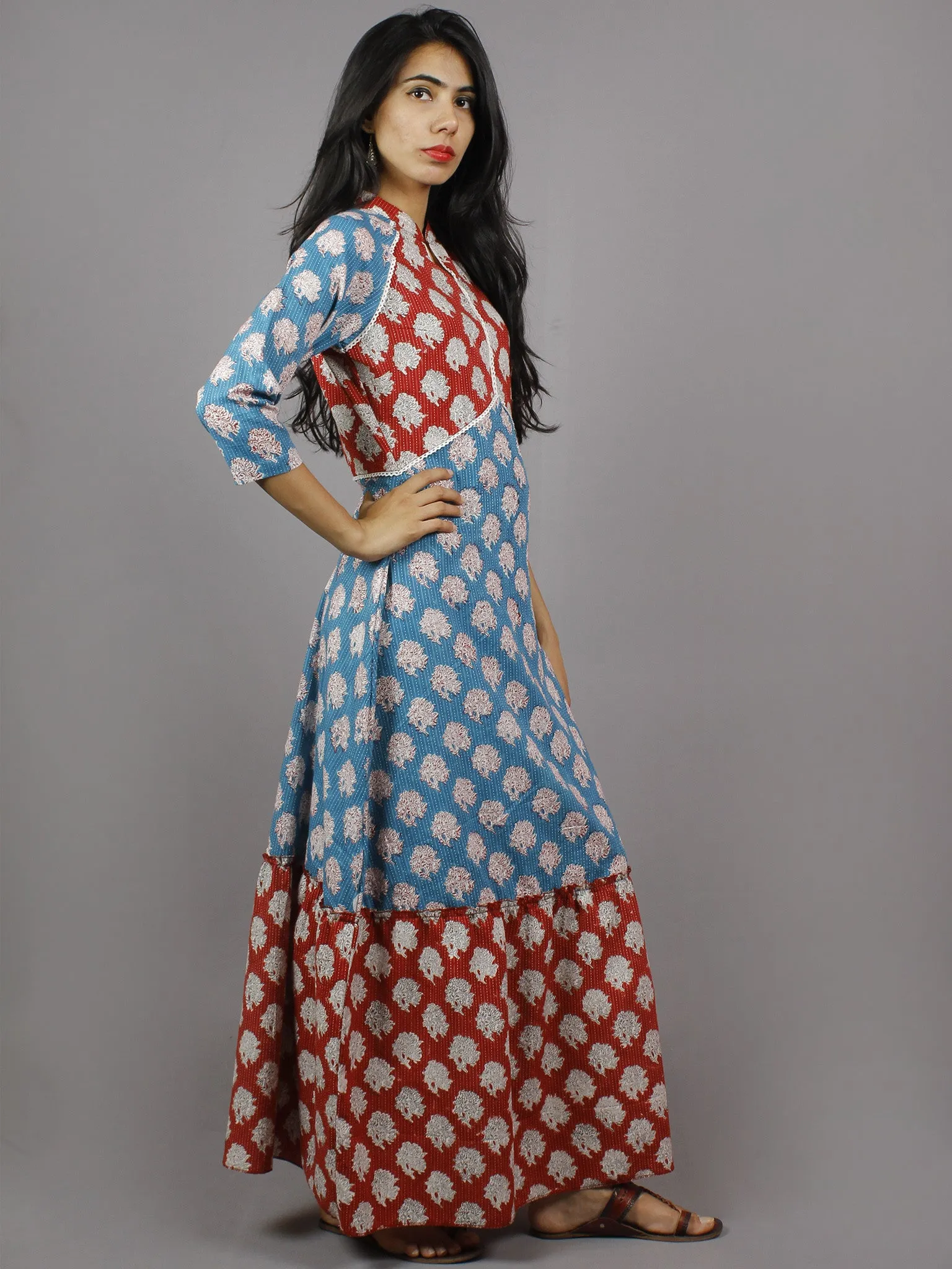 Crimson Red Cerulean Blue White Hand Block Printed Long Cotton Dress With Mandarin Collar - D4256001