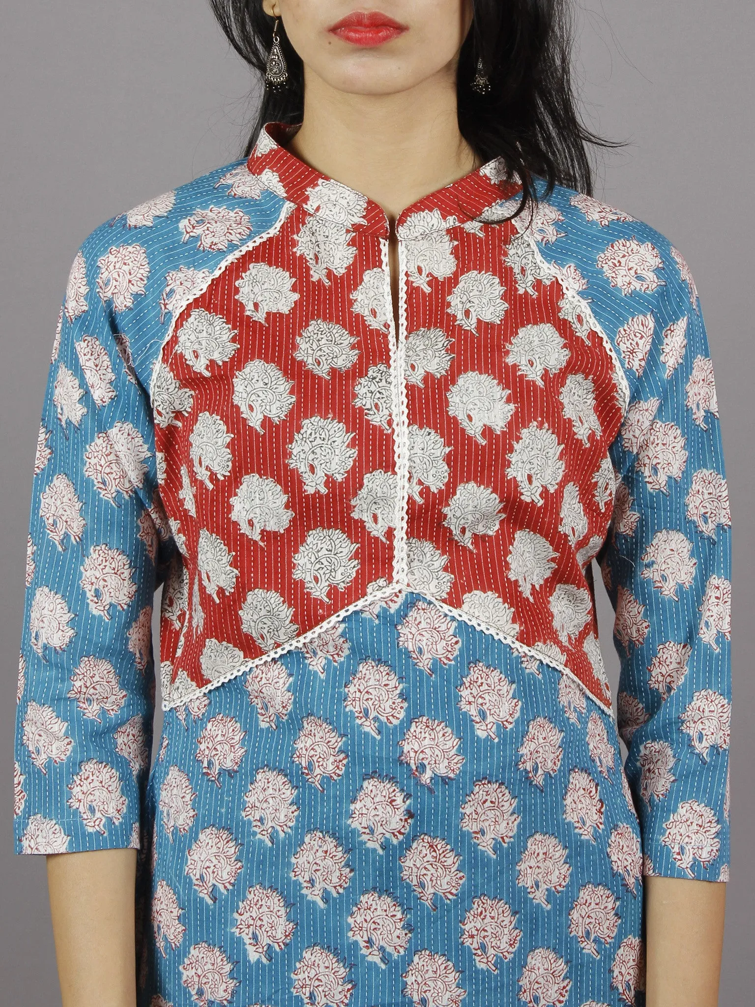 Crimson Red Cerulean Blue White Hand Block Printed Long Cotton Dress With Mandarin Collar - D4256001