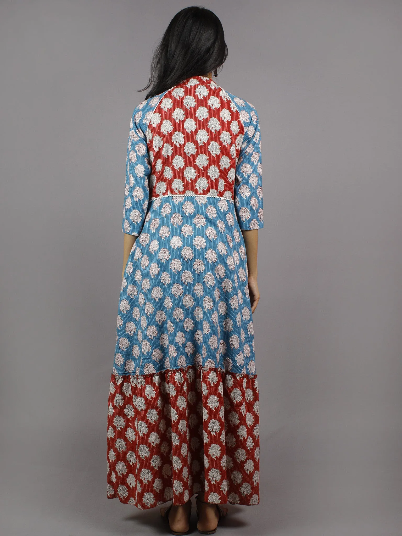 Crimson Red Cerulean Blue White Hand Block Printed Long Cotton Dress With Mandarin Collar - D4256001