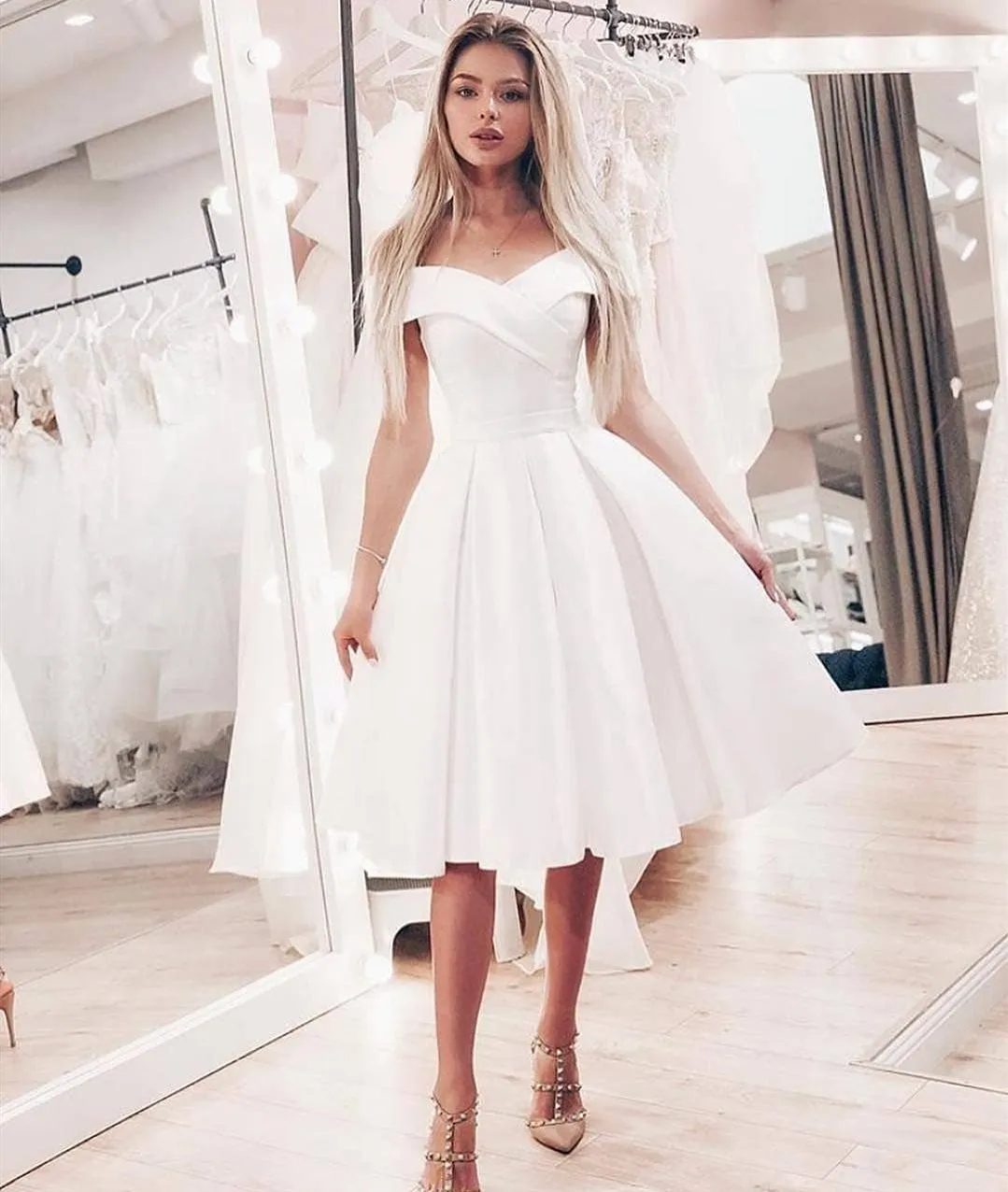 Cute A Line Off Shoulder Short White Prom Dresses, Off Shoulder White Homecoming Dresses, White Short Formal Graduation Evening Dresses