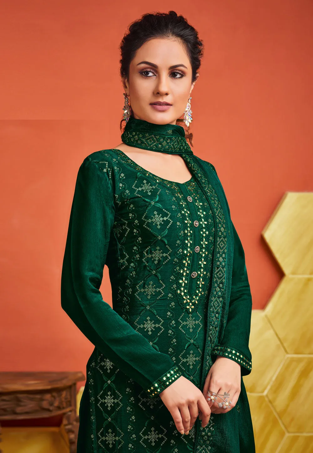 Dark Green Embroidered Pakistani Palazzo Suit