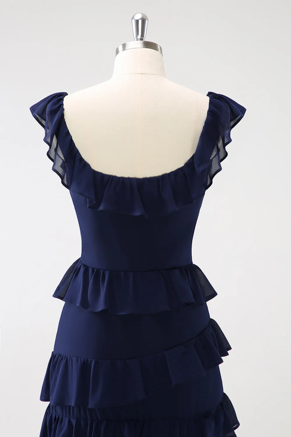 Dark Navy A Line Tiered Chiffon Maxi Bridesmaid Dress