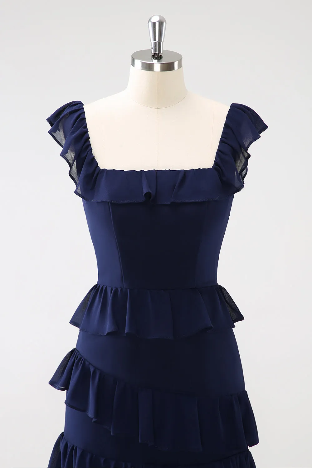 Dark Navy A Line Tiered Chiffon Maxi Bridesmaid Dress