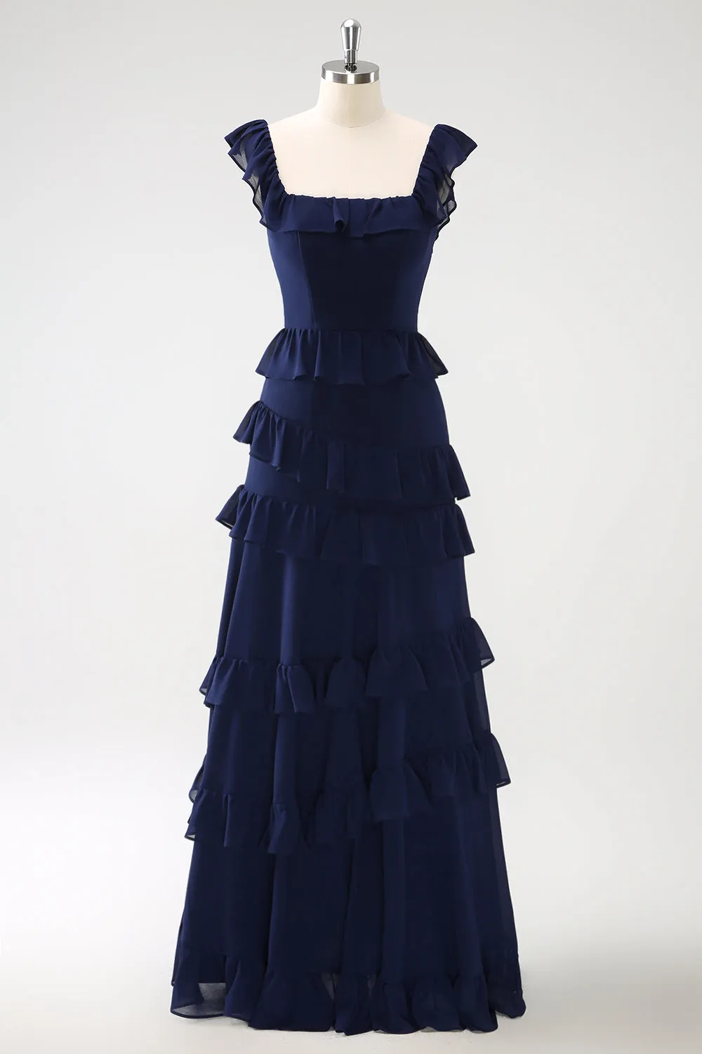 Dark Navy A Line Tiered Chiffon Maxi Bridesmaid Dress