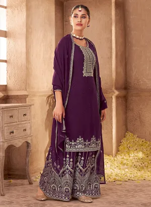 Deep Purple Zari Embroidered Festive Palazzo Style Suit