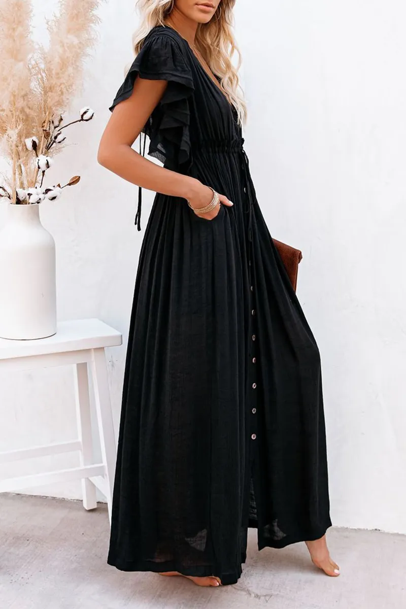 Dunnmall Elegant Solid Frenulum Buckle V Neck A Line Maxi Dresses(7 Colors)