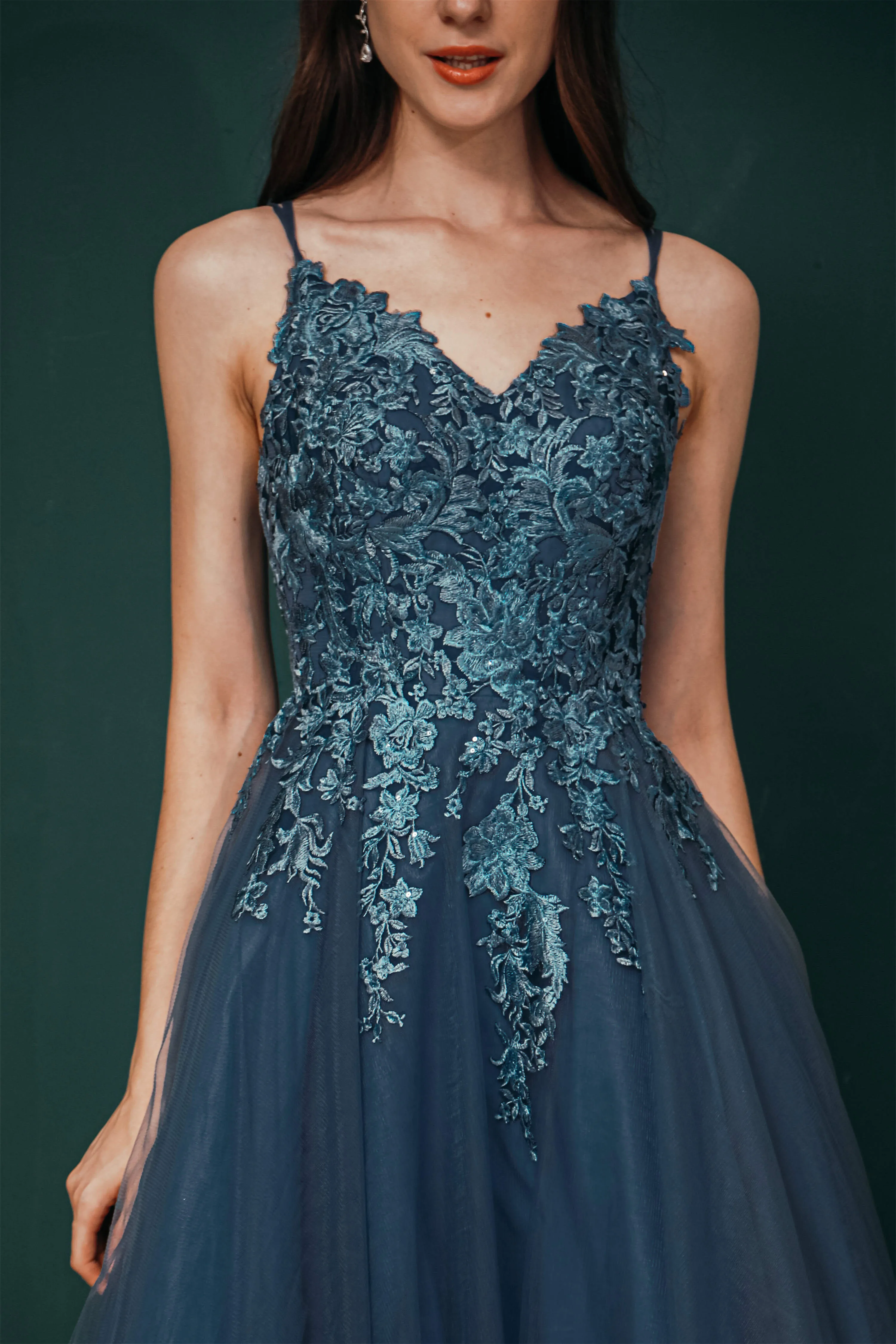 Dusty Blue Tulle A-line Low back Spaghetti strap Prom Dresses