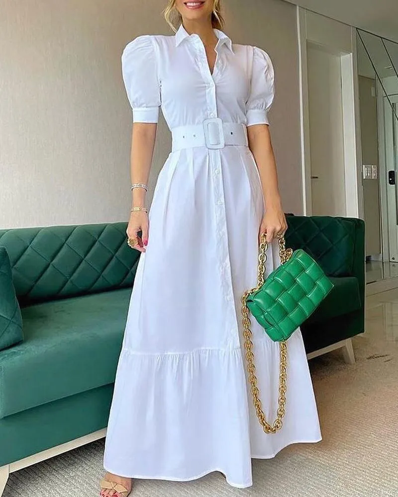 Elegant Short Sleeves Long Dresses with Belt