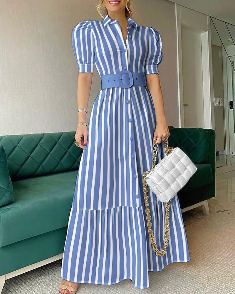 Elegant Short Sleeves Long Dresses with Belt