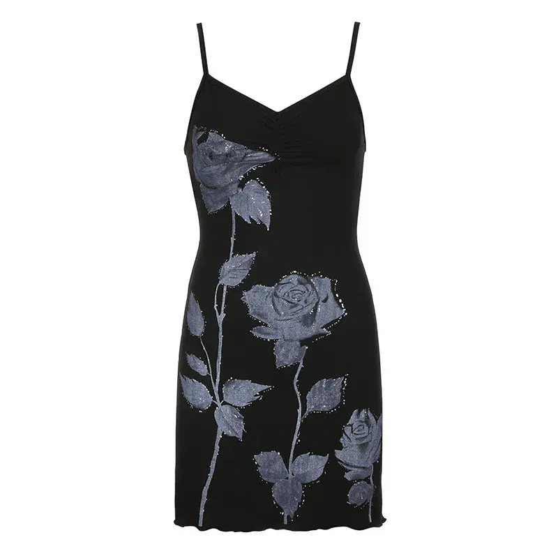 Elegant Strap Flowers Printed Frill Sexy Dress