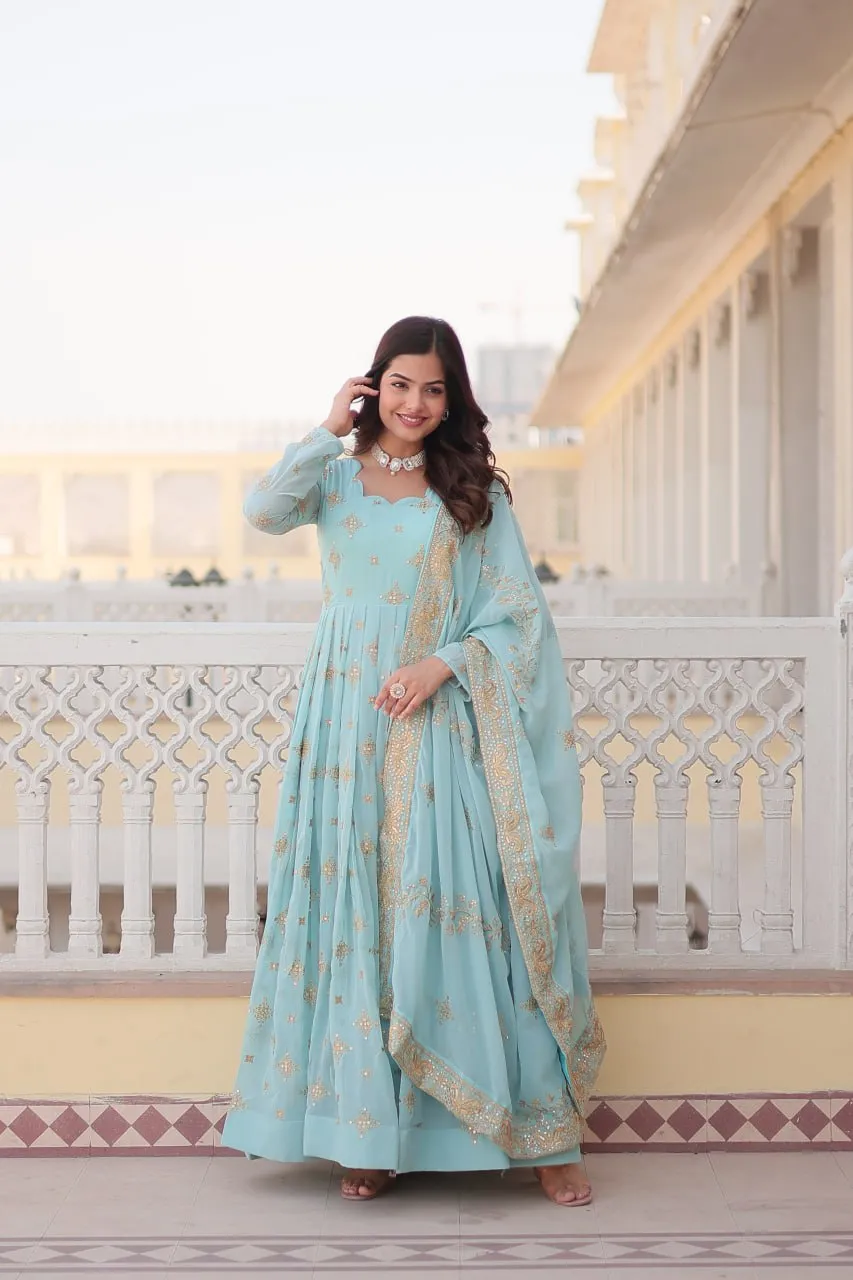 Faux Georgette Sky Blue Gown with Zari & Sequin Embroidered Dupatta