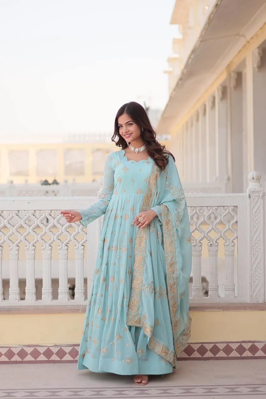 Faux Georgette Sky Blue Gown with Zari & Sequin Embroidered Dupatta