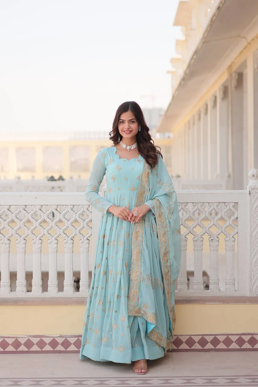 Faux Georgette Sky Blue Gown with Zari & Sequin Embroidered Dupatta