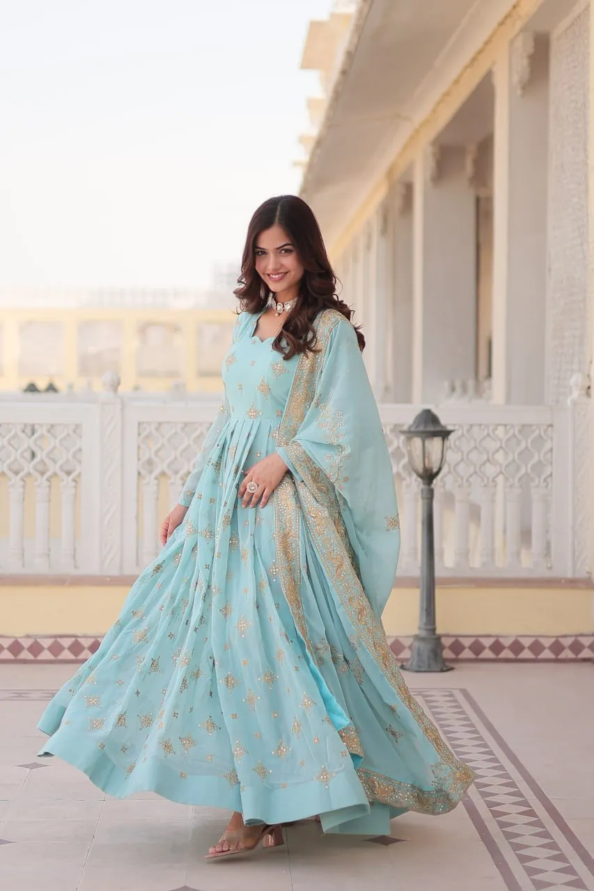 Faux Georgette Sky Blue Gown with Zari & Sequin Embroidered Dupatta