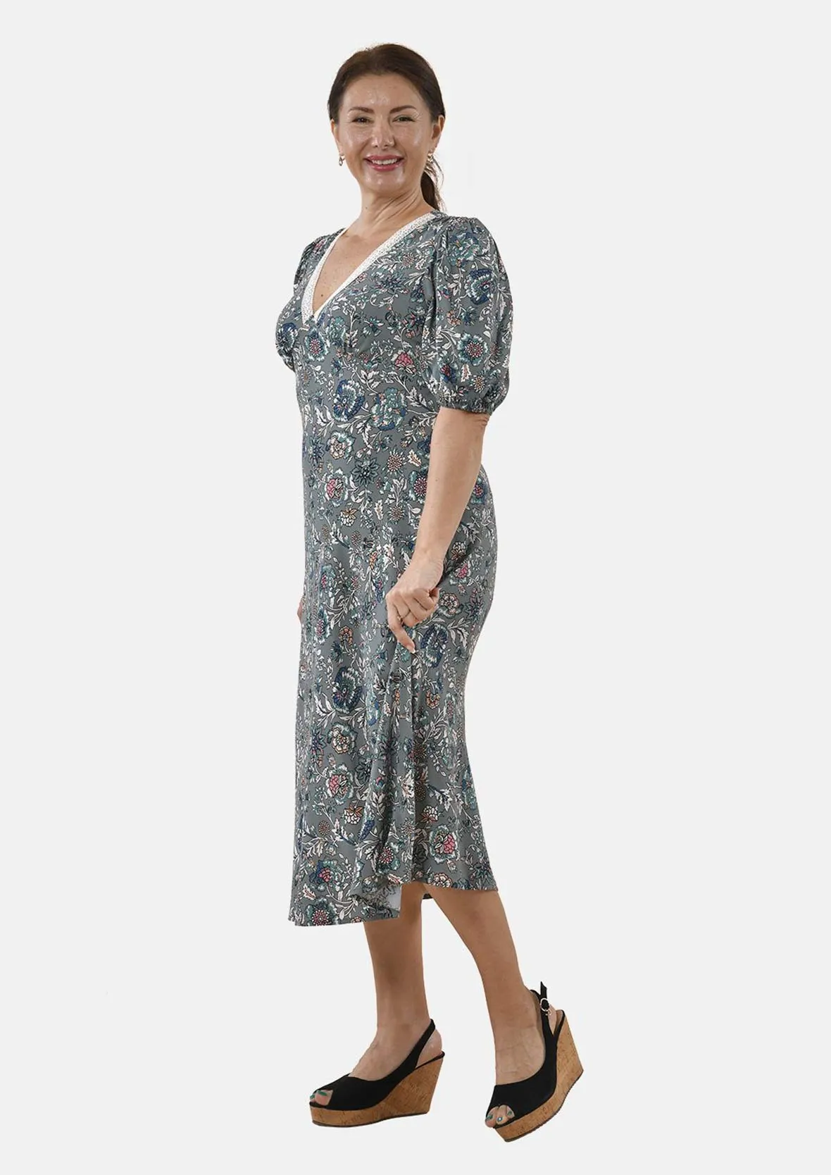 Floral Midi Dress With Lace Neck