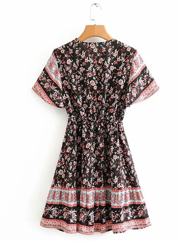 FLORAL SHORT SLEEVE SPLIT-JOINT BOHEMIAN SHORT DRESS